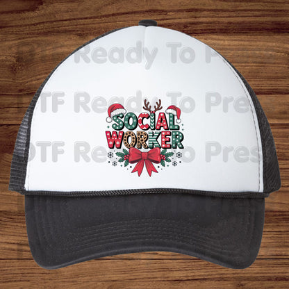 Christmas Social Worker DTF Transfers, Holiday Santa Hat Leopard Bow Social Work Ready to Press