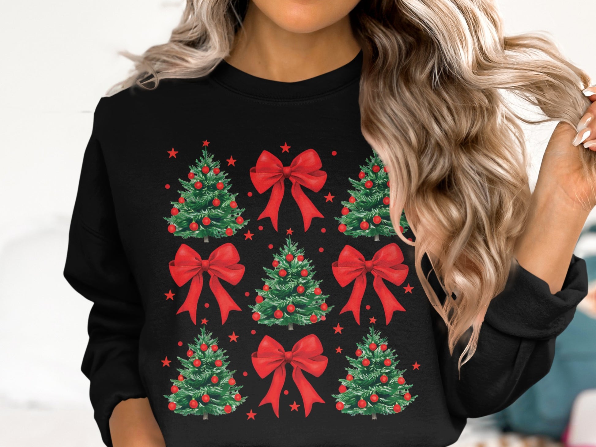 Festive Christmas Tree Sweatshirt with Red Bows