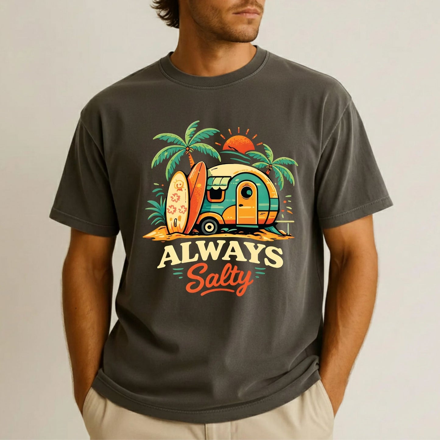 Always Salty Beach Camper DTF Transfer Ready to Press Summer Vacation UV DTF Sticker Retro Surfboard Heat Transfer for Shirts