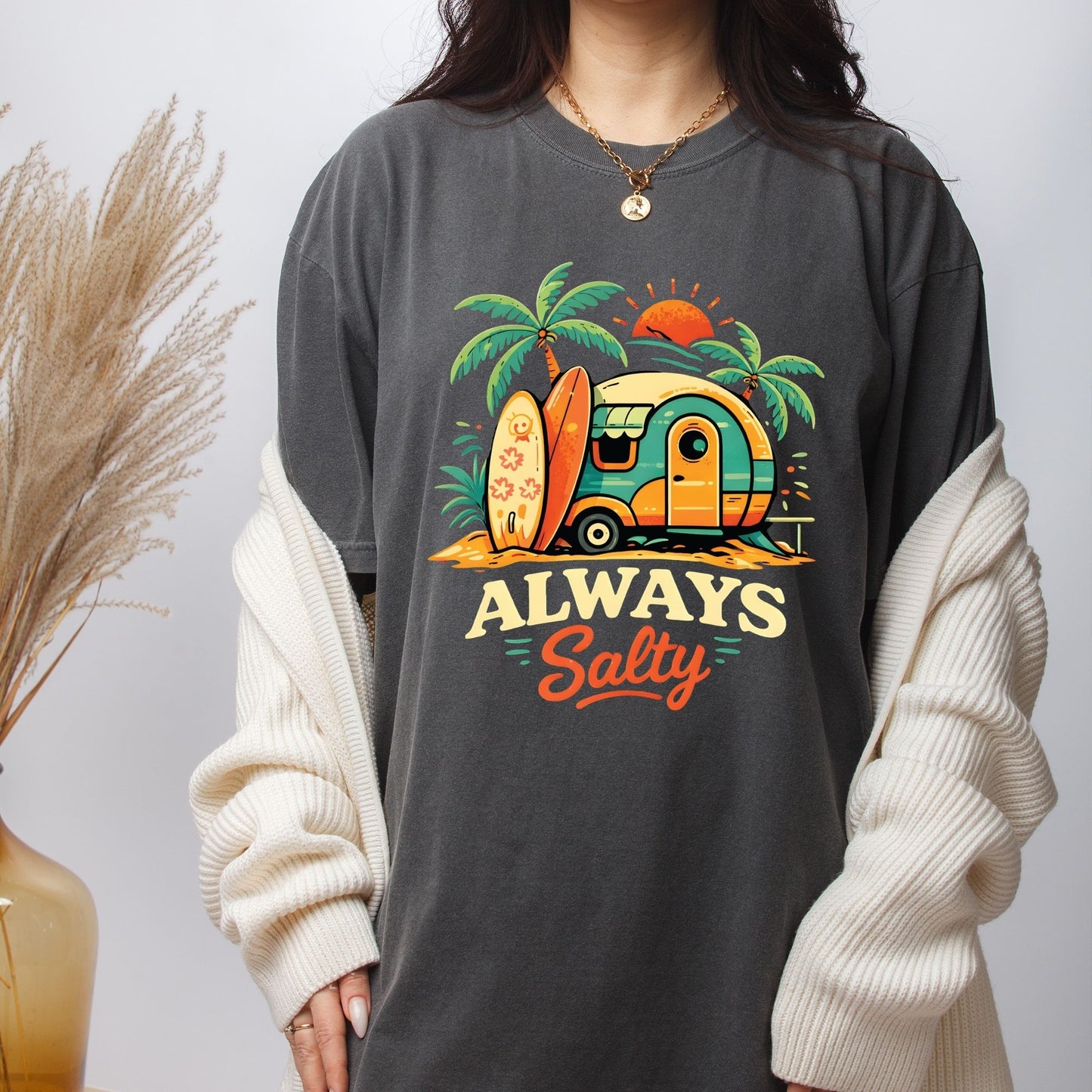 Always Salty Beach Camper DTF Transfer Ready to Press Summer Vacation UV DTF Sticker Retro Surfboard Heat Transfer for Shirts