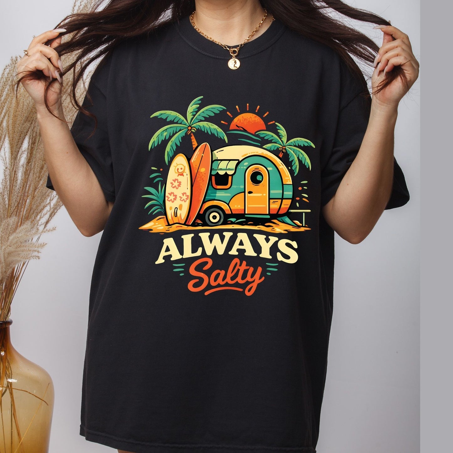 Always Salty Beach Camper DTF Transfer Ready to Press Summer Vacation UV DTF Sticker Retro Surfboard Heat Transfer for Shirts