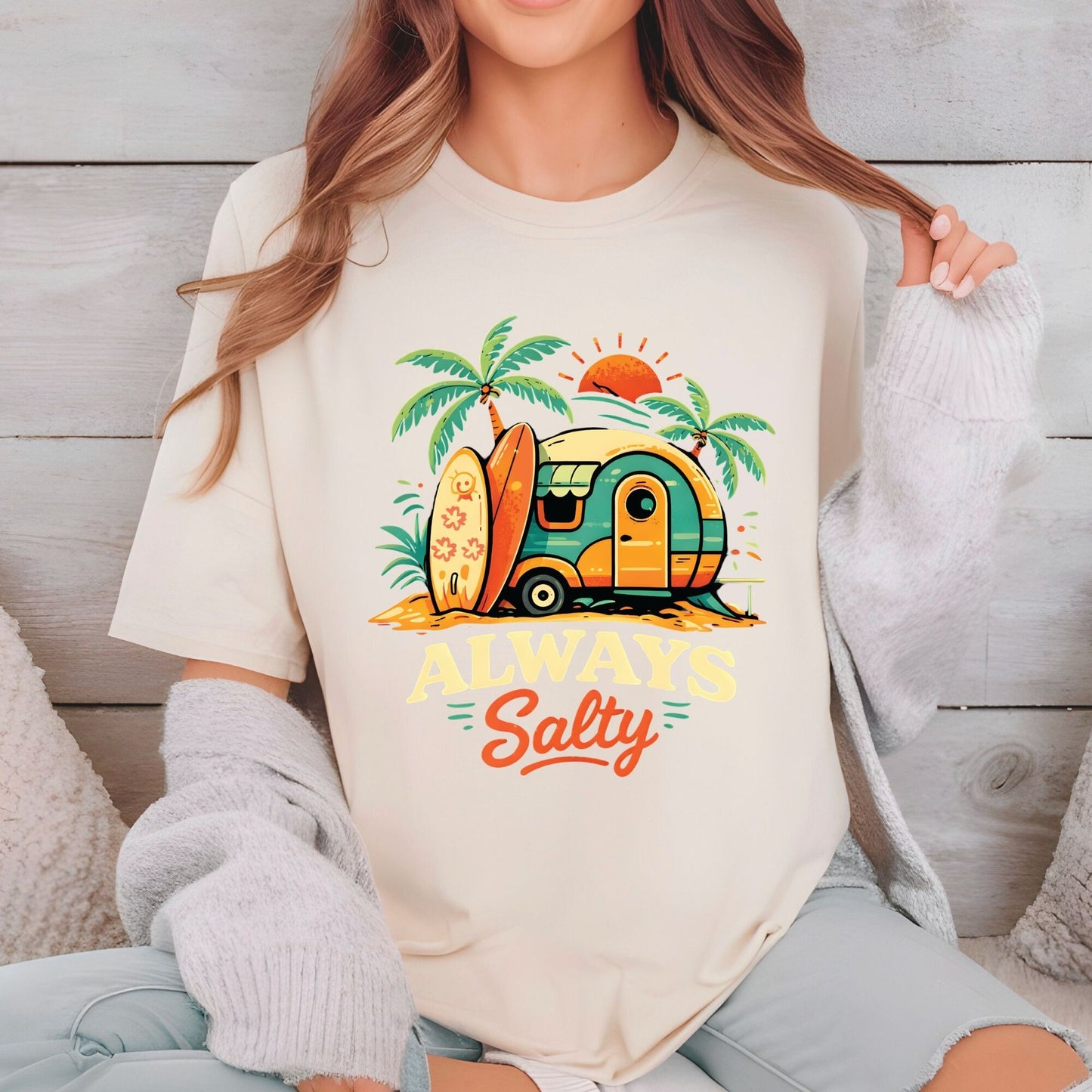 Always Salty Beach Camper DTF Transfer Ready to Press Summer Vacation UV DTF Sticker Retro Surfboard Heat Transfer for Shirts