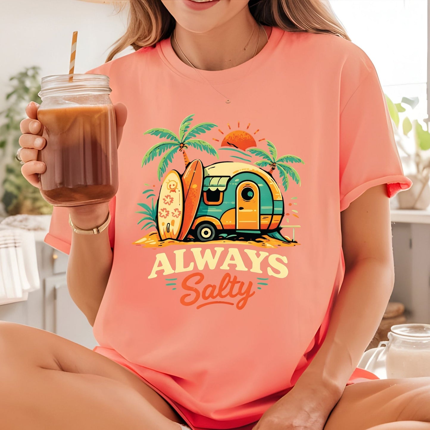 Always Salty Beach Camper DTF Transfer Ready to Press Summer Vacation UV DTF Sticker Retro Surfboard Heat Transfer for Shirts