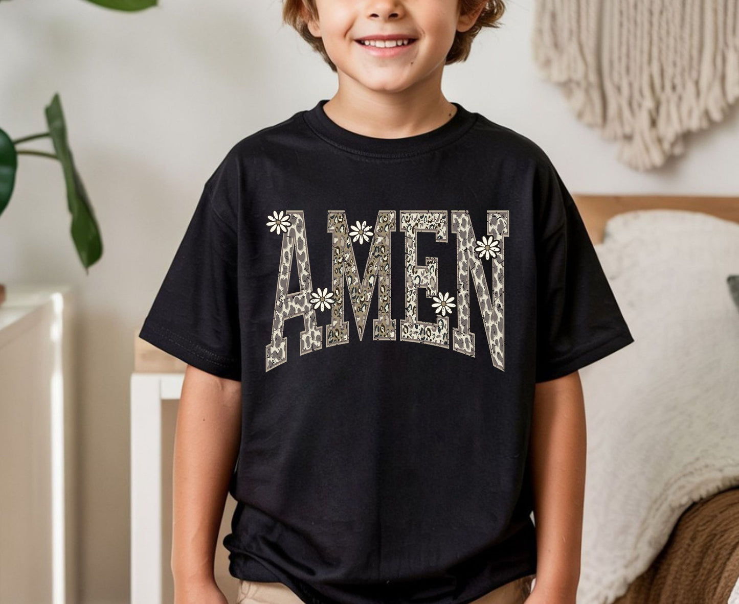Amen T Shirt Leopard Print Christian Tee Daisy Floral Faith Shirt Adult Youth Toddler Baby Religious Gift Cheetah Print Aesthetic Women Tee