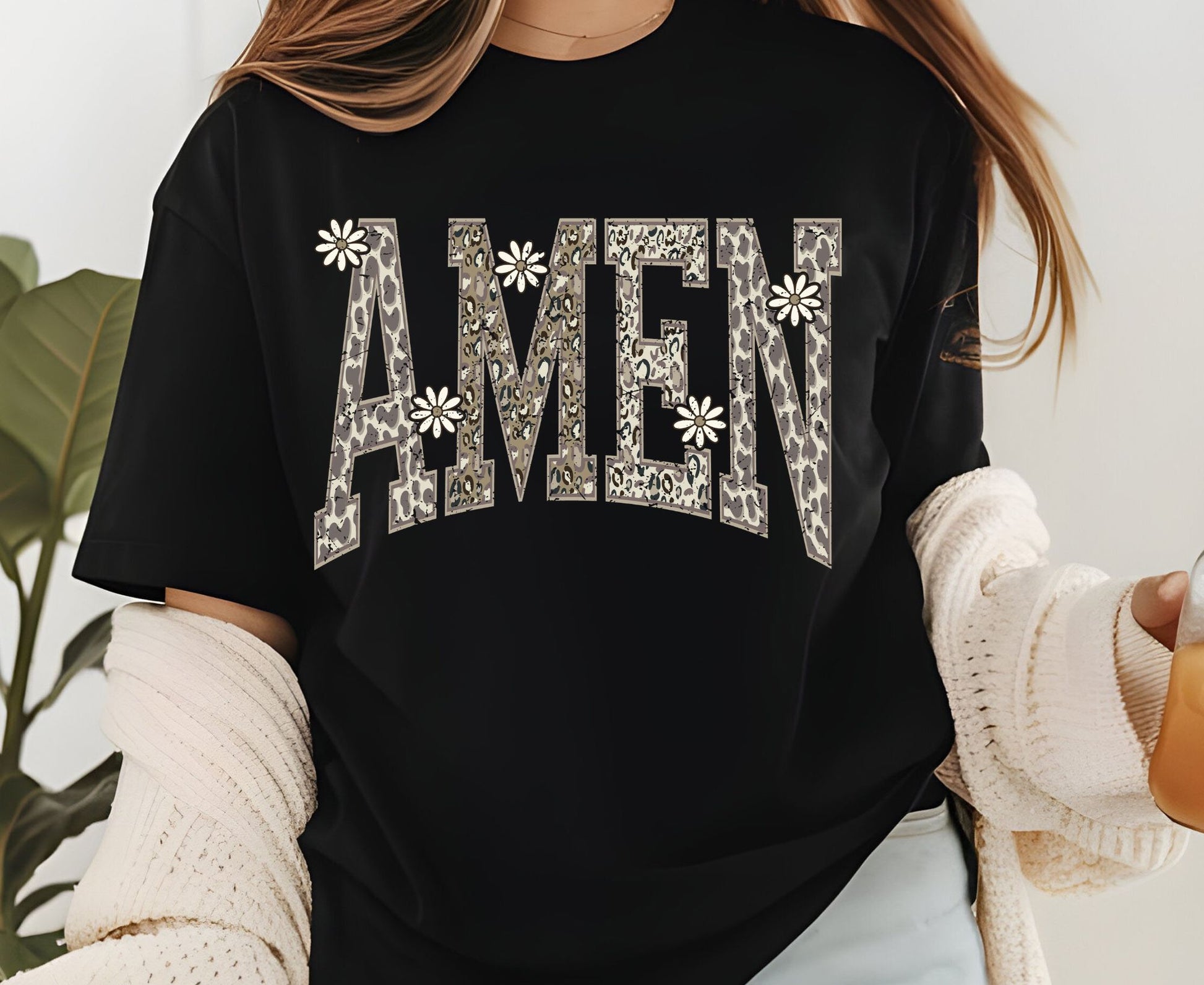 Amen T Shirt Leopard Print Christian Tee Daisy Floral Faith Shirt Adult Youth Toddler Baby Religious Gift Cheetah Print Aesthetic Women Tee