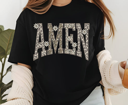 Amen T Shirt Leopard Print Christian Tee Daisy Floral Faith Shirt Adult Youth Toddler Baby Religious Gift Cheetah Print Aesthetic Women Tee