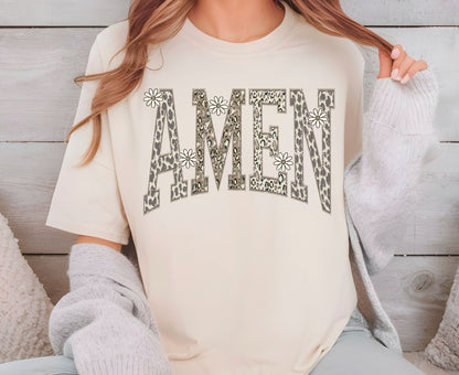 Amen T Shirt Leopard Print Christian Tee Daisy Floral Faith Shirt Adult Youth Toddler Baby Religious Gift Cheetah Print Aesthetic Women Tee