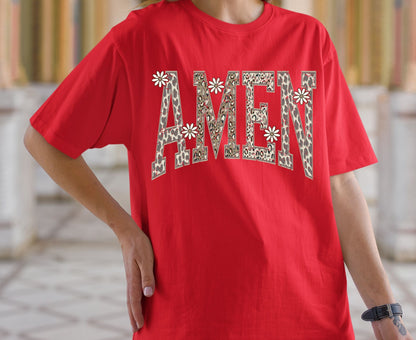 Amen T Shirt Leopard Print Christian Tee Daisy Floral Faith Shirt Adult Youth Toddler Baby Religious Gift Cheetah Print Aesthetic Women Tee