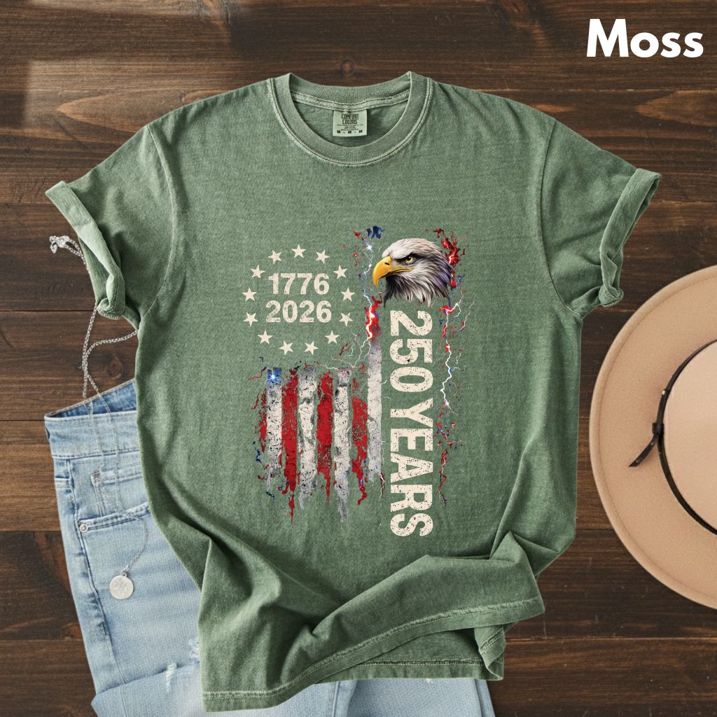 America 250 Years Comfort Colors T Shirts 1776 2026 Tee Semiquincentennial Patriotic Eagle Distressed American Flag Fourth of July Gifts