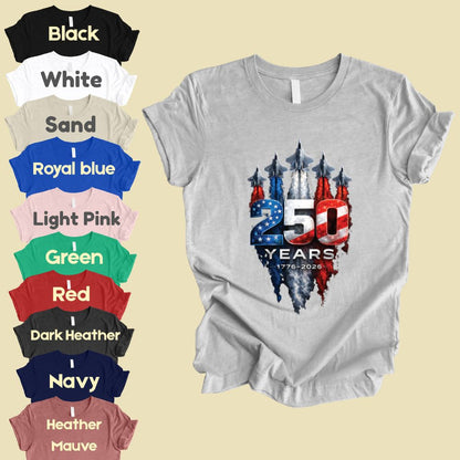 America 250 Years Comfort Colors T Shirts Jet Fighter Patriotic Tee Semiquincentennial 1776 2026 Shirt 4th of July Fourth of July Gifts