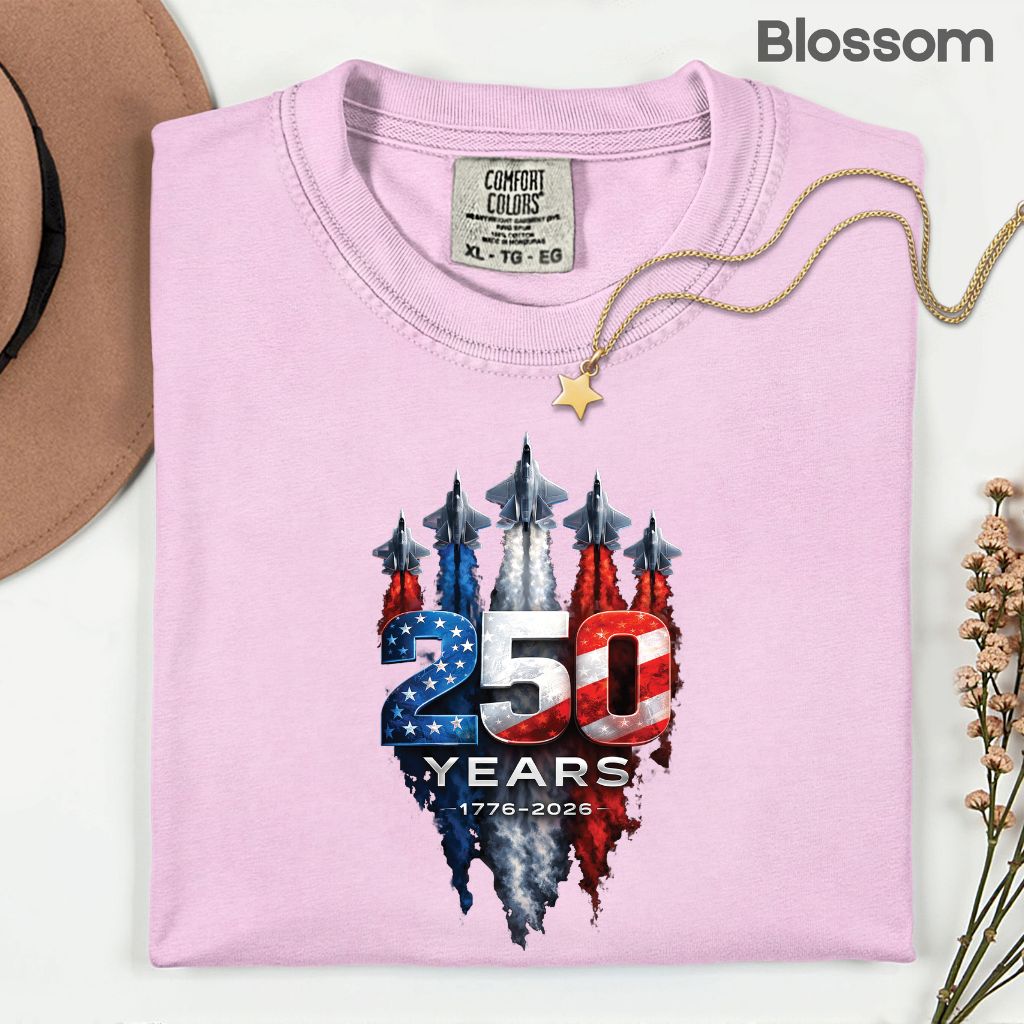 America 250 Years Comfort Colors T Shirts Jet Fighter Patriotic Tee Semiquincentennial 1776 2026 Shirt 4th of July Fourth of July Gifts