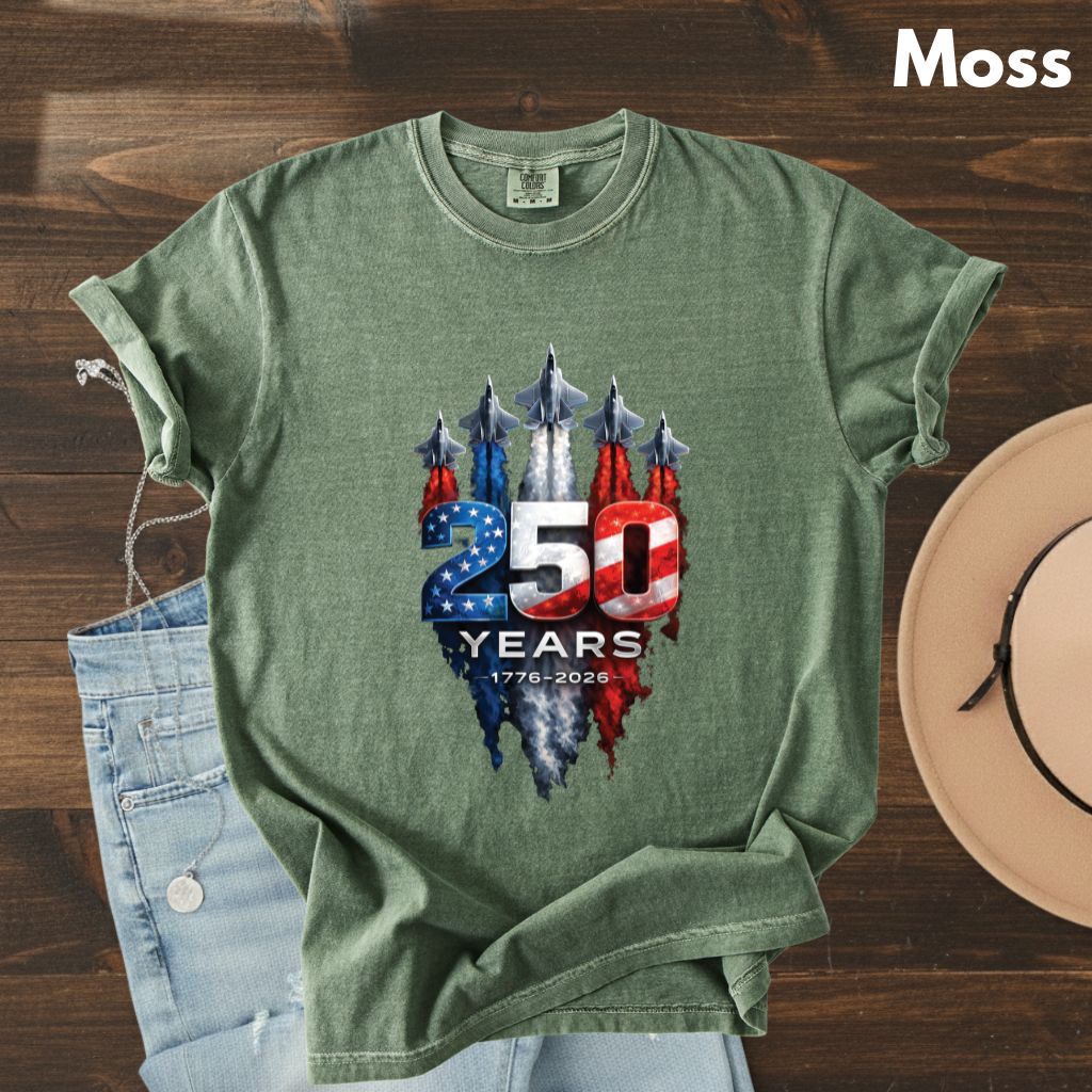 America 250 Years Comfort Colors T Shirts Jet Fighter Patriotic Tee Semiquincentennial 1776 2026 Shirt 4th of July Fourth of July Gifts