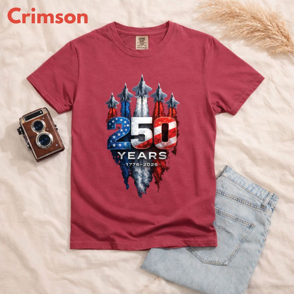 America 250 Years Comfort Colors T Shirts Jet Fighter Patriotic Tee Semiquincentennial 1776 2026 Shirt 4th of July Fourth of July Gifts