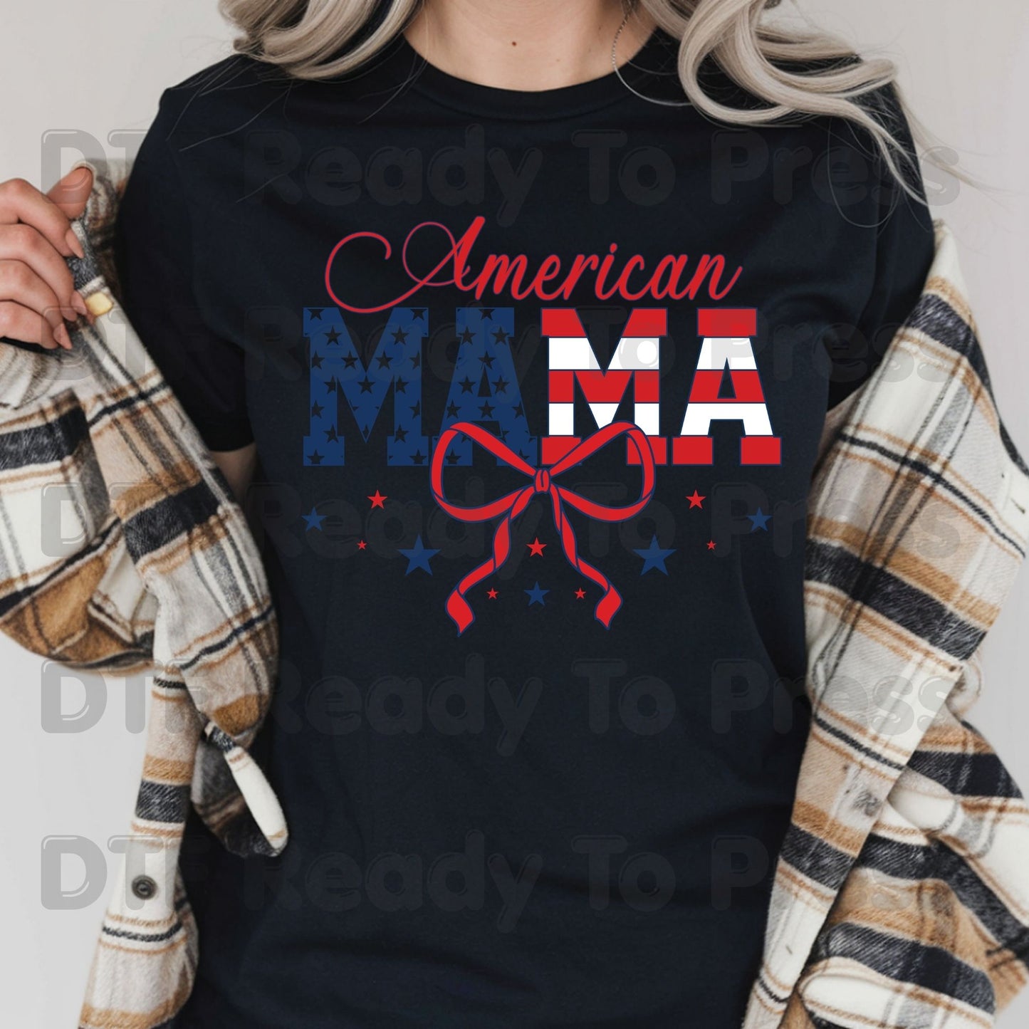 American Mama DTF Transfer Ready to Press Retro Patriotic American Flag Bow Heat Transfer For Shirts Independence Day 4th of July UV Sticker Prints