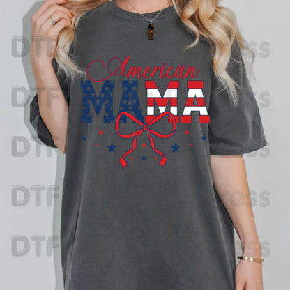 American Mama DTF Transfer Ready to Press Retro Patriotic American Flag Bow Heat Transfer For Shirts Independence Day 4th of July UV Sticker Prints