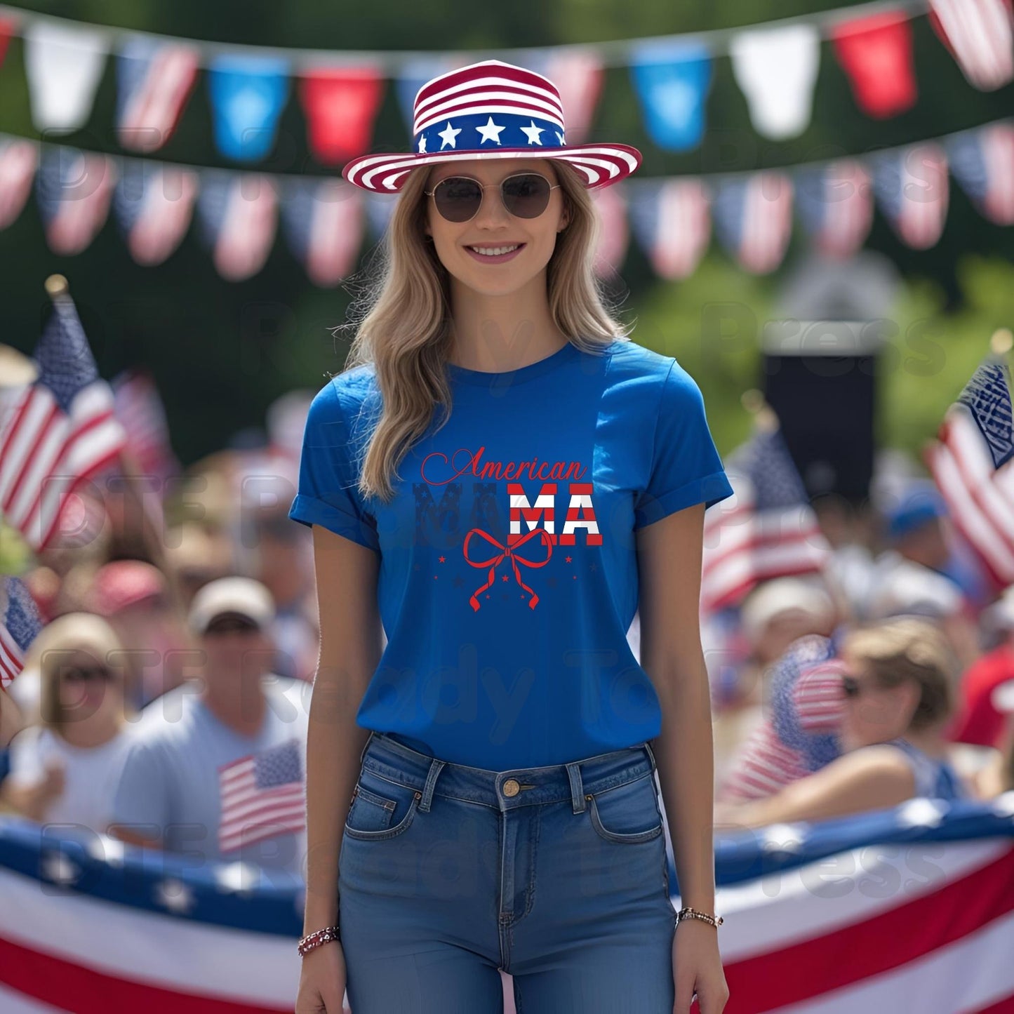 American Mama DTF Transfer Ready to Press Retro Patriotic American Flag Bow Heat Transfer For Shirts Independence Day 4th of July UV Sticker Prints