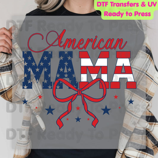 American Mama DTF Transfer Ready to Press Retro Patriotic American Flag Bow Heat Transfer For Shirts Independence Day 4th of July UV Sticker Prints