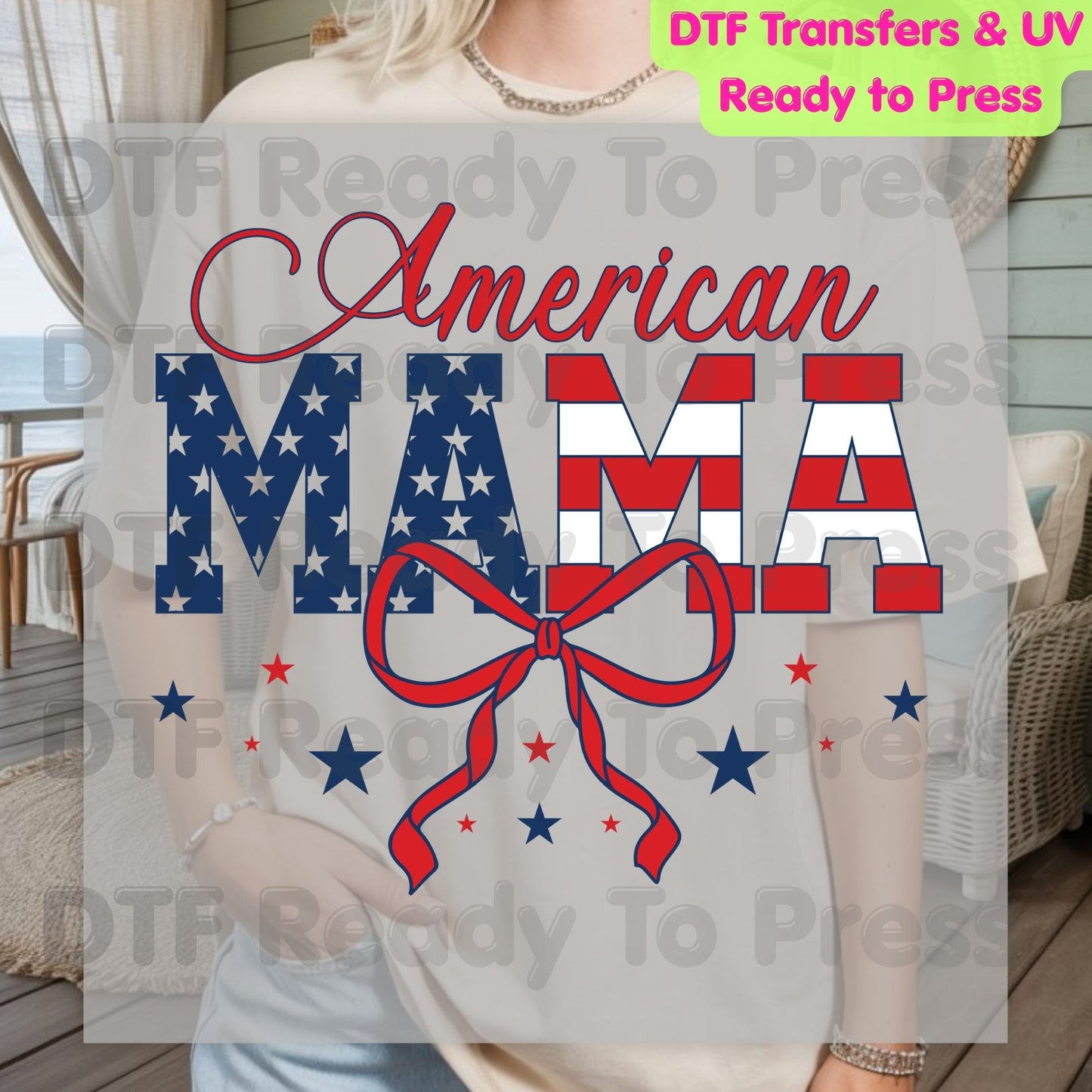 American Mama DTF Transfer Ready to Press Retro Patriotic American Flag Bow Heat Transfer For Shirts Independence Day 4th of July UV Sticker Prints