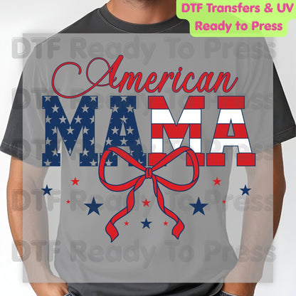 American Mama DTF Transfer Ready to Press Retro Patriotic American Flag Bow Heat Transfer For Shirts Independence Day 4th of July UV Sticker Prints