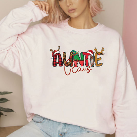 Auntie Claus Christmas Sweatshirt, Xmas Auntie T Shirts, Matching Family Christmas Sweater, Christmas Light Tees For Auntie