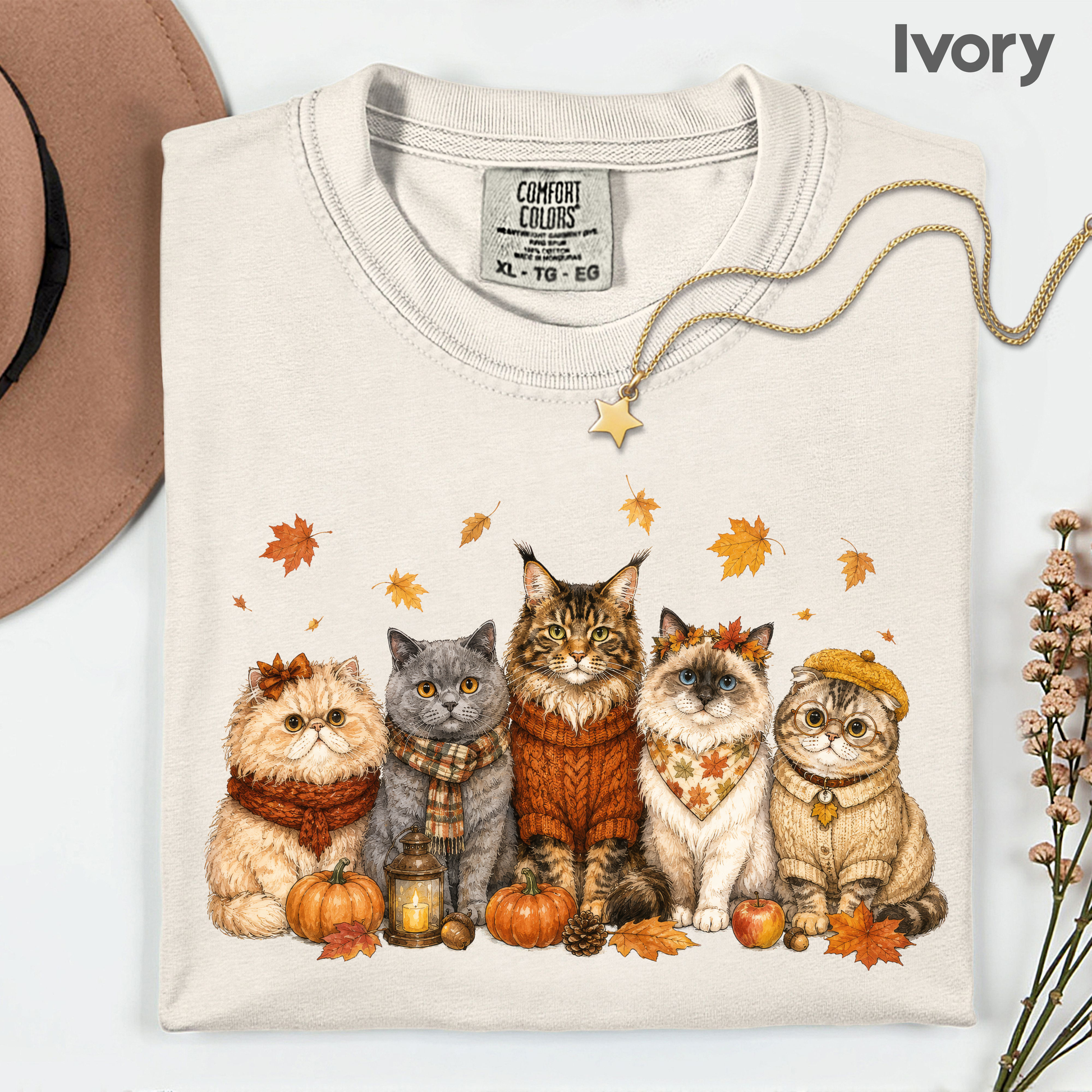 Autumn Cats Comfort Colors T Shirts Cute Fall Sweater Kitty Tee Cozy Pumpkin Cat Lover Shirt Seasonal Leaves Graphic Hoodie