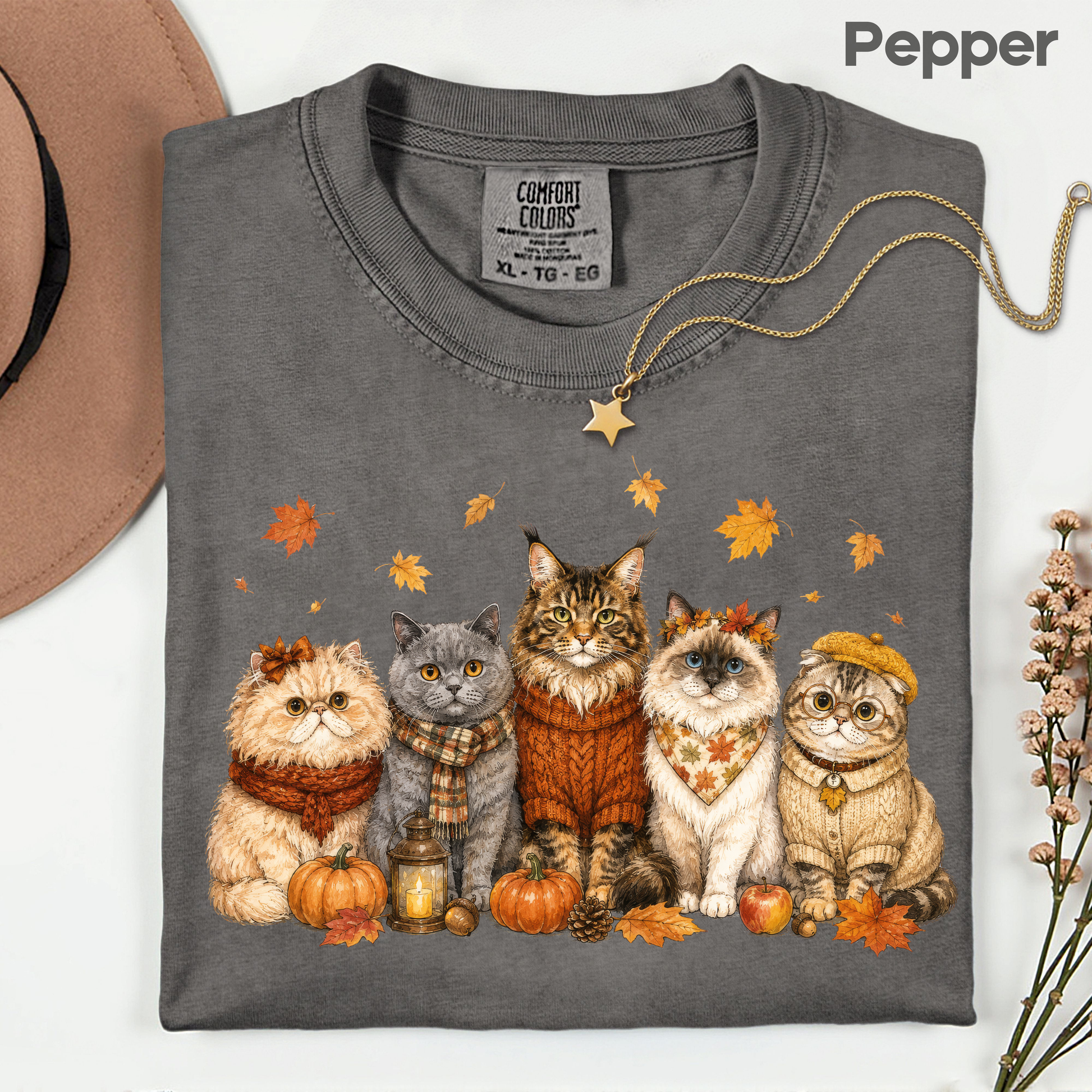 Autumn Cats Comfort Colors T Shirts Cute Fall Sweater Kitty Tee Cozy Pumpkin Cat Lover Shirt Seasonal Leaves Graphic Hoodie