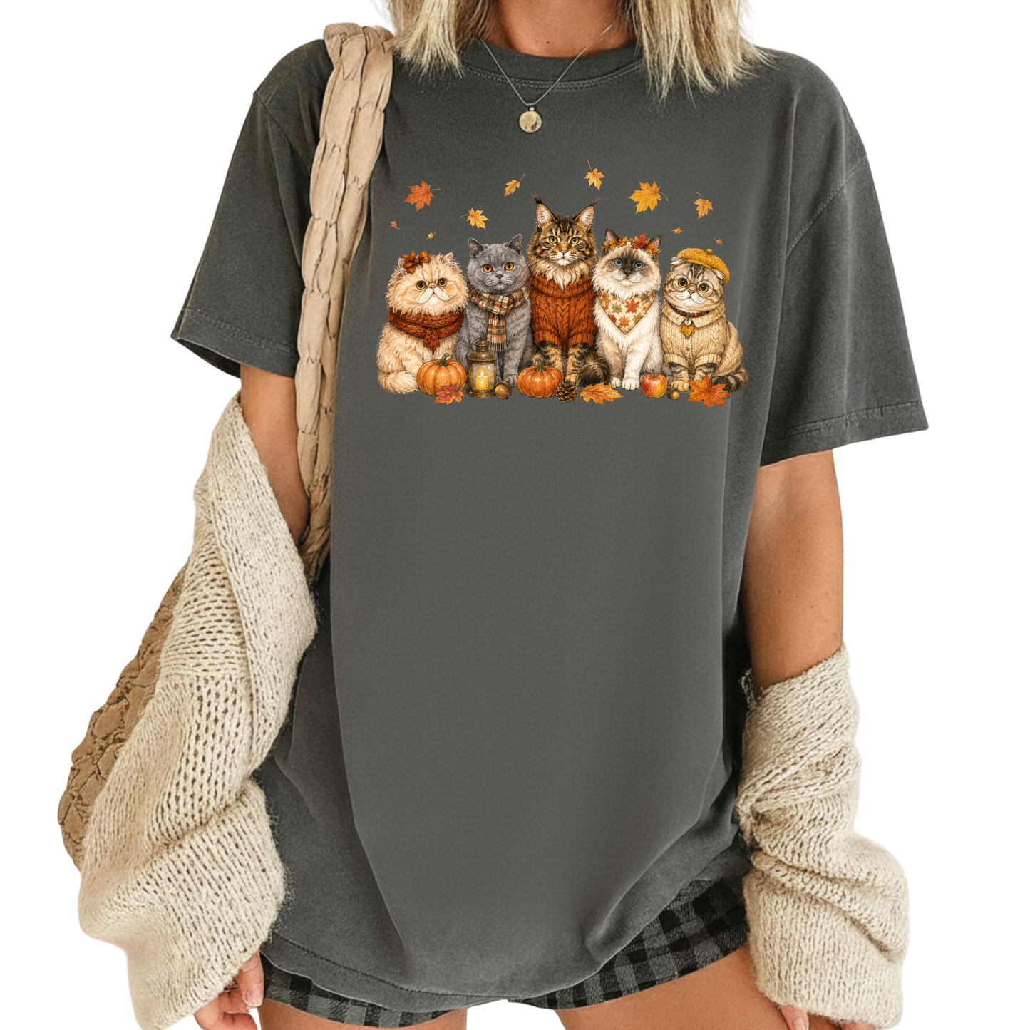 Autumn Cats Comfort Colors T Shirts Cute Fall Sweater Kitty Tee Cozy Pumpkin Cat Lover Shirt Seasonal Leaves Graphic Hoodie