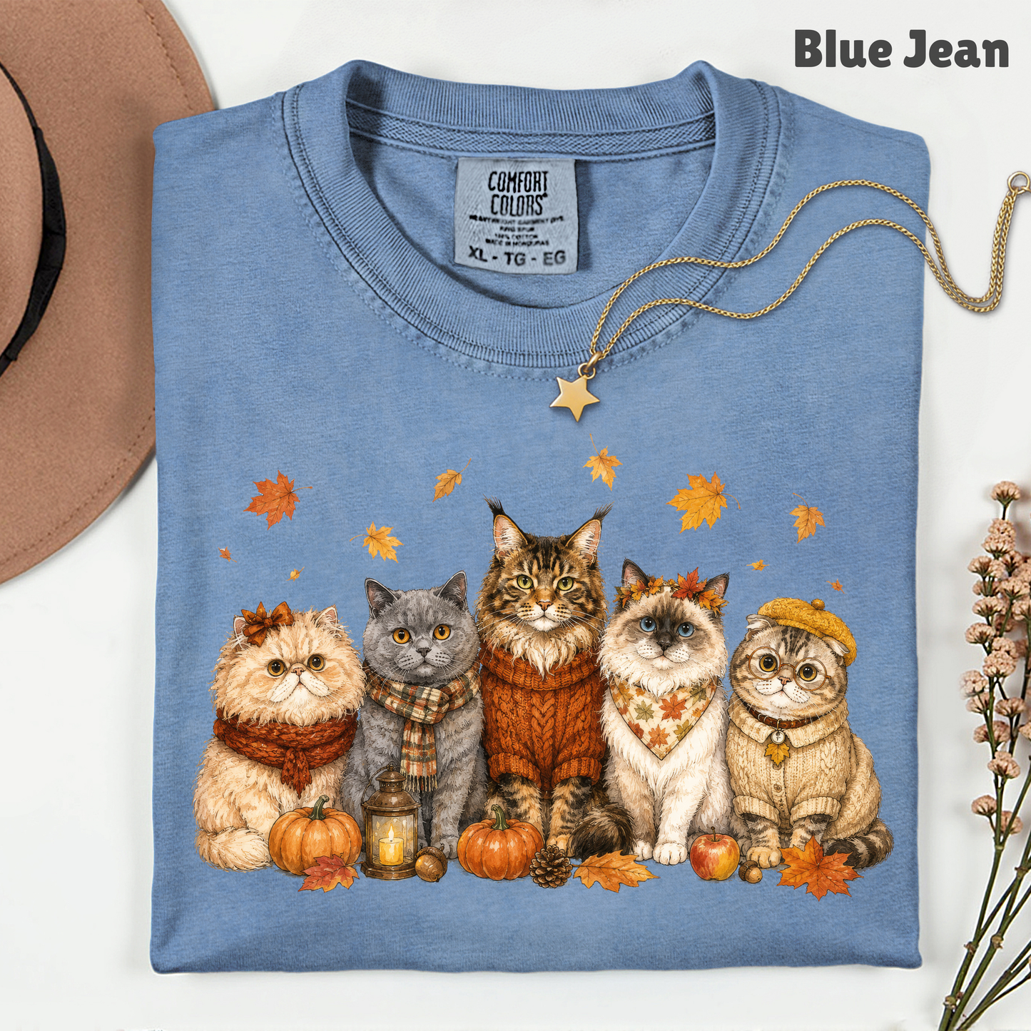 Autumn Cats Comfort Colors T Shirts Cute Fall Sweater Kitty Tee Cozy Pumpkin Cat Lover Shirt Seasonal Leaves Graphic Hoodie