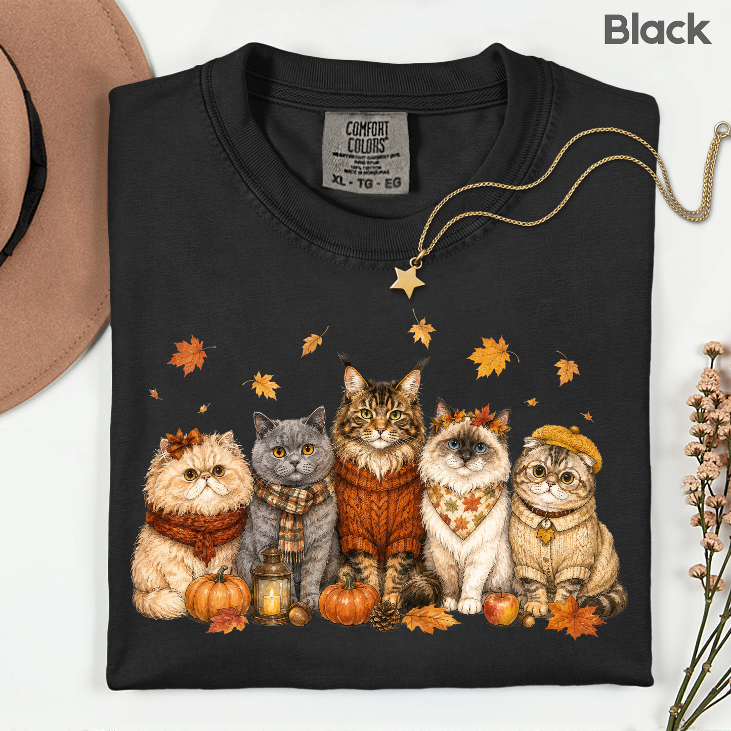 Autumn Cats Comfort Colors T Shirts Cute Fall Sweater Kitty Tee Cozy Pumpkin Cat Lover Shirt Seasonal Leaves Graphic Hoodie
