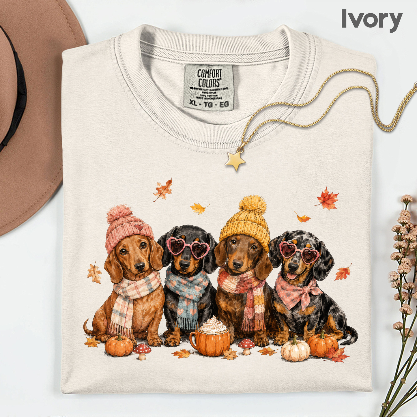 Autumn Dachshunds Comfort Colors T Shirts Cute Fall Wiener Dog Tee Cozy Beanie Scarf Pumpkin Spice Latte Shirt Seasonal Pet Graphic Hoodie