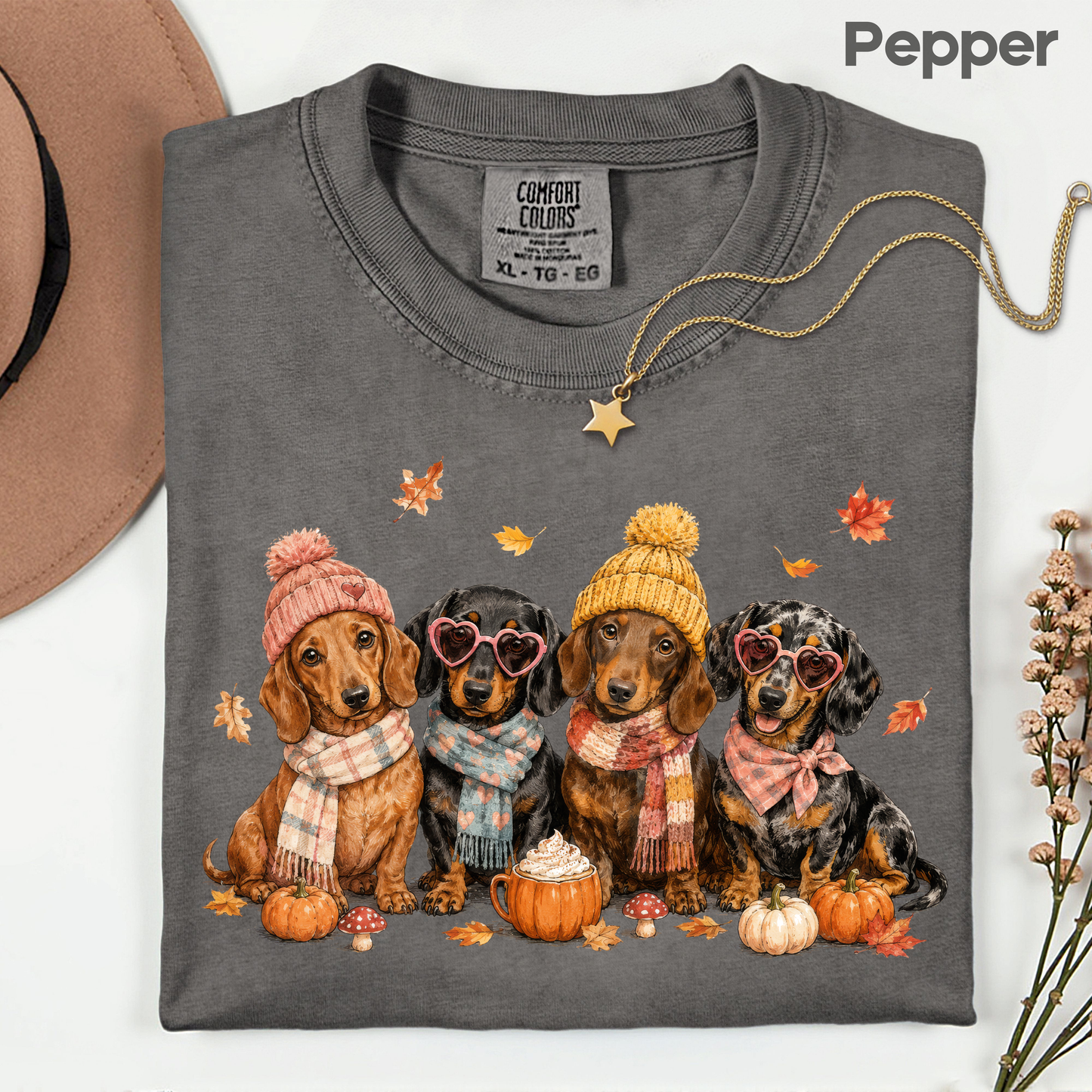 Autumn Dachshunds Comfort Colors T Shirts Cute Fall Wiener Dog Tee Cozy Beanie Scarf Pumpkin Spice Latte Shirt Seasonal Pet Graphic Hoodie