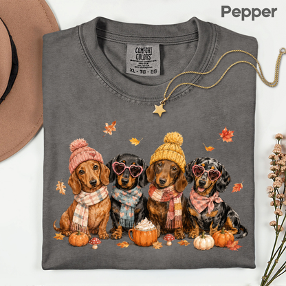 Autumn Dachshunds Comfort Colors T Shirts Cute Fall Wiener Dog Tee Cozy Beanie Scarf Pumpkin Spice Latte Shirt Seasonal Pet Graphic Hoodie