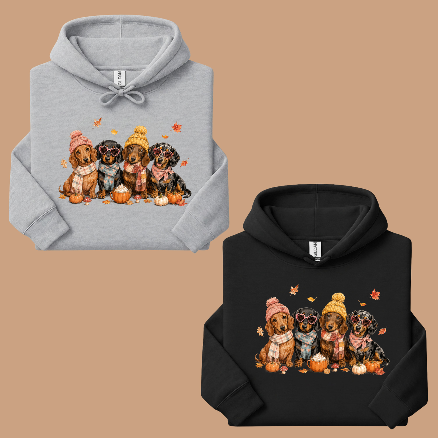 Autumn Dachshunds Comfort Colors T Shirts Cute Fall Wiener Dog Tee Cozy Beanie Scarf Pumpkin Spice Latte Shirt Seasonal Pet Graphic Hoodie