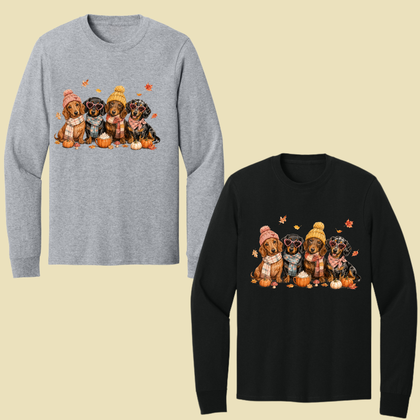 Autumn Dachshunds Comfort Colors T Shirts Cute Fall Wiener Dog Tee Cozy Beanie Scarf Pumpkin Spice Latte Shirt Seasonal Pet Graphic Hoodie
