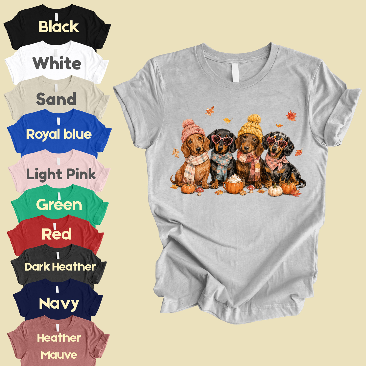 Autumn Dachshunds Comfort Colors T Shirts Cute Fall Wiener Dog Tee Cozy Beanie Scarf Pumpkin Spice Latte Shirt Seasonal Pet Graphic Hoodie