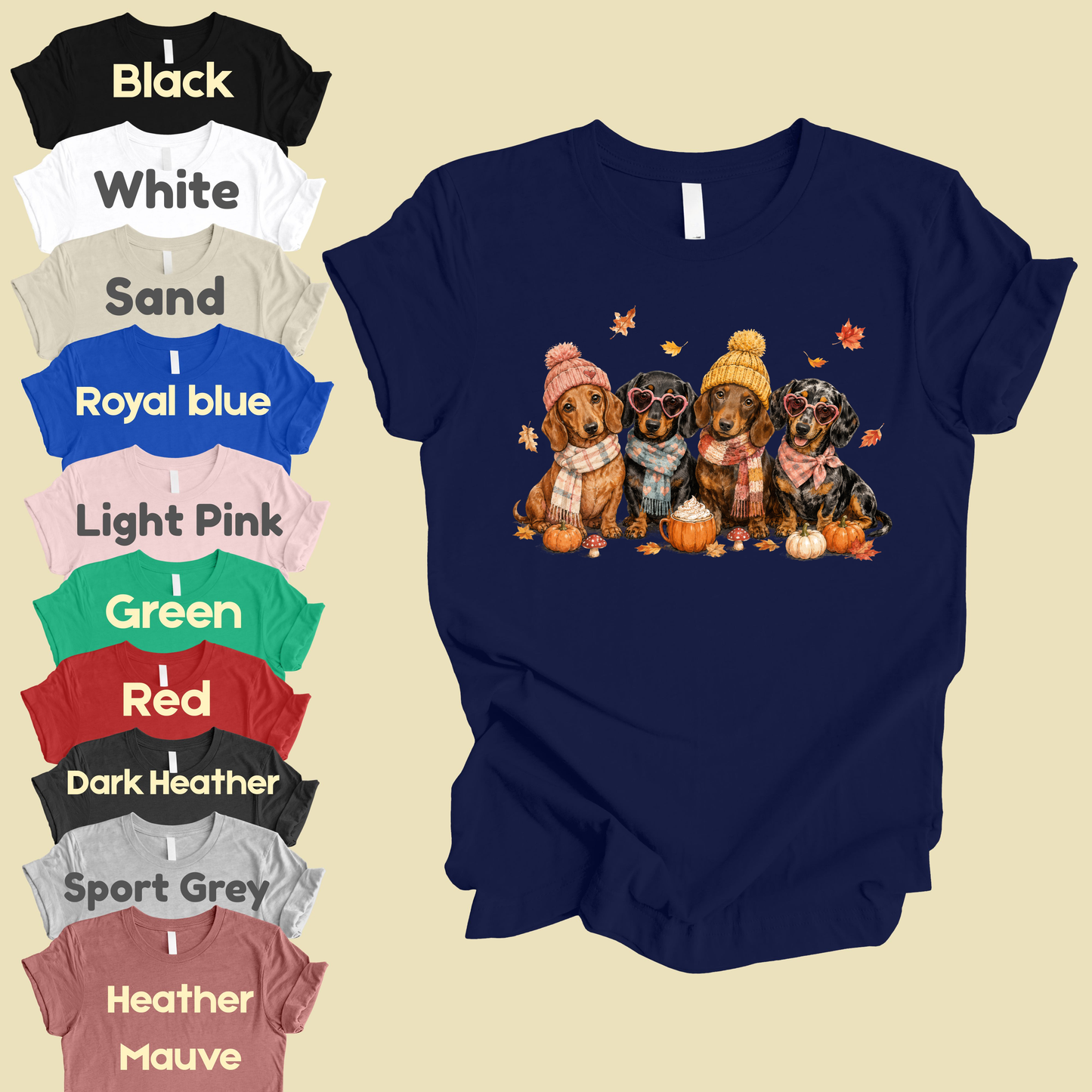 Autumn Dachshunds Comfort Colors T Shirts Cute Fall Wiener Dog Tee Cozy Beanie Scarf Pumpkin Spice Latte Shirt Seasonal Pet Graphic Hoodie