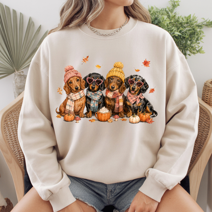Autumn Dachshunds Comfort Colors T Shirts Cute Fall Wiener Dog Tee Cozy Beanie Scarf Pumpkin Spice Latte Shirt Seasonal Pet Graphic Hoodie