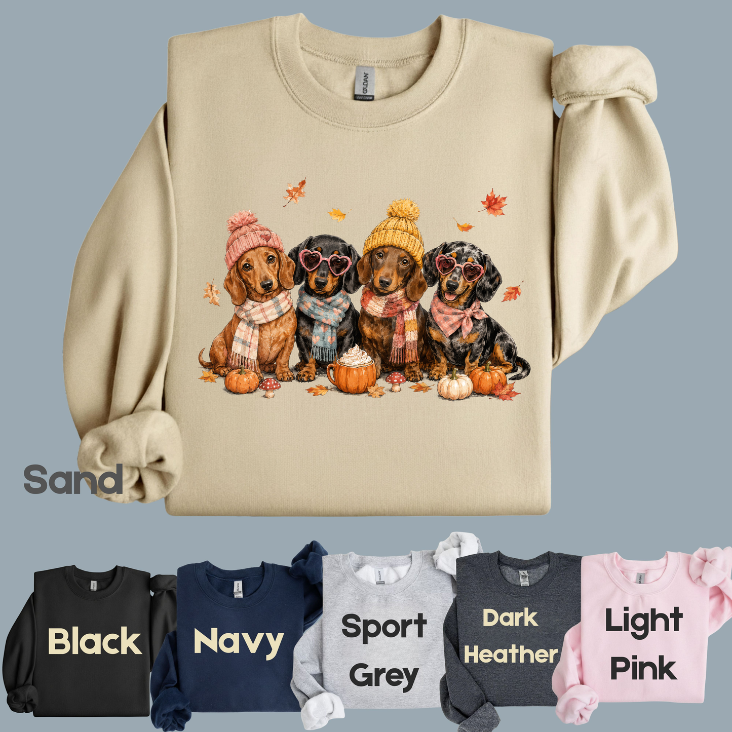 Autumn Dachshunds Comfort Colors T Shirts Cute Fall Wiener Dog Tee Cozy Beanie Scarf Pumpkin Spice Latte Shirt Seasonal Pet Graphic Hoodie