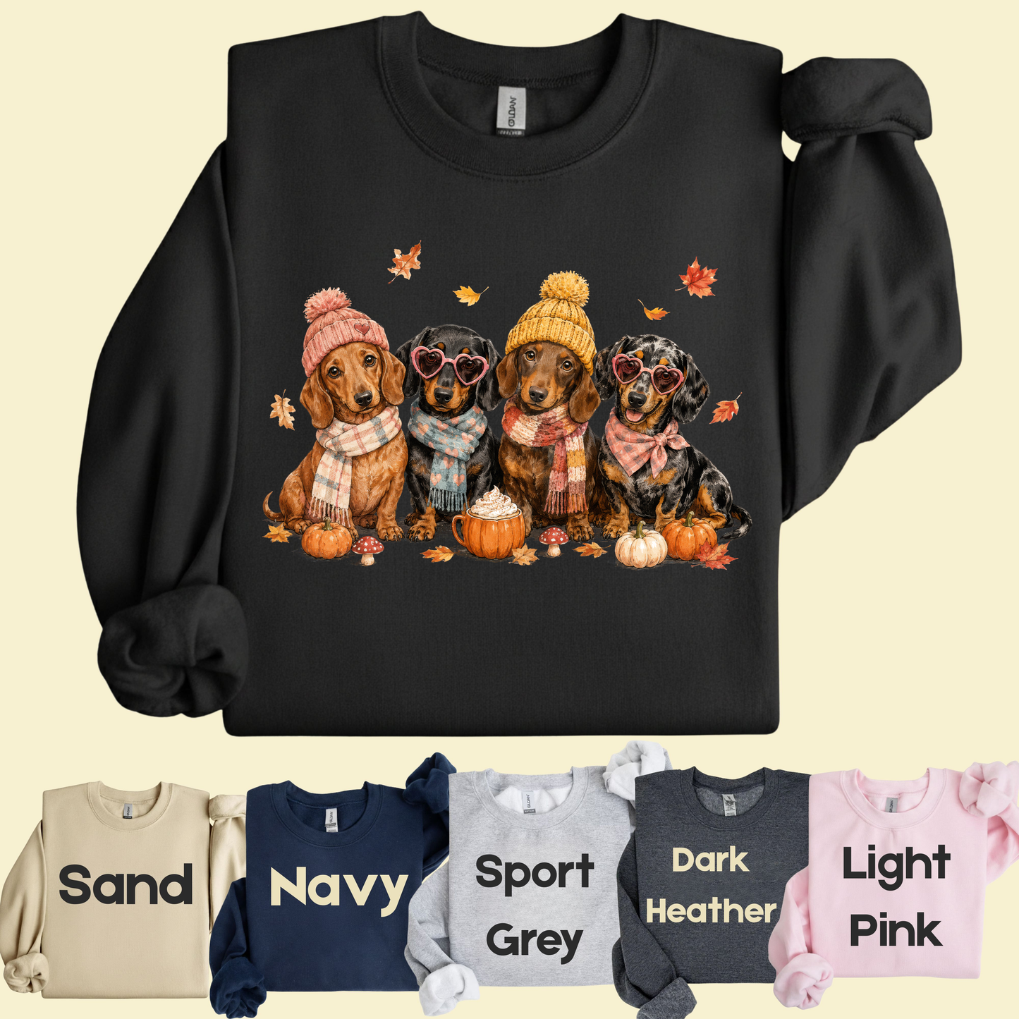 Autumn Dachshunds Comfort Colors T Shirts Cute Fall Wiener Dog Tee Cozy Beanie Scarf Pumpkin Spice Latte Shirt Seasonal Pet Graphic Hoodie