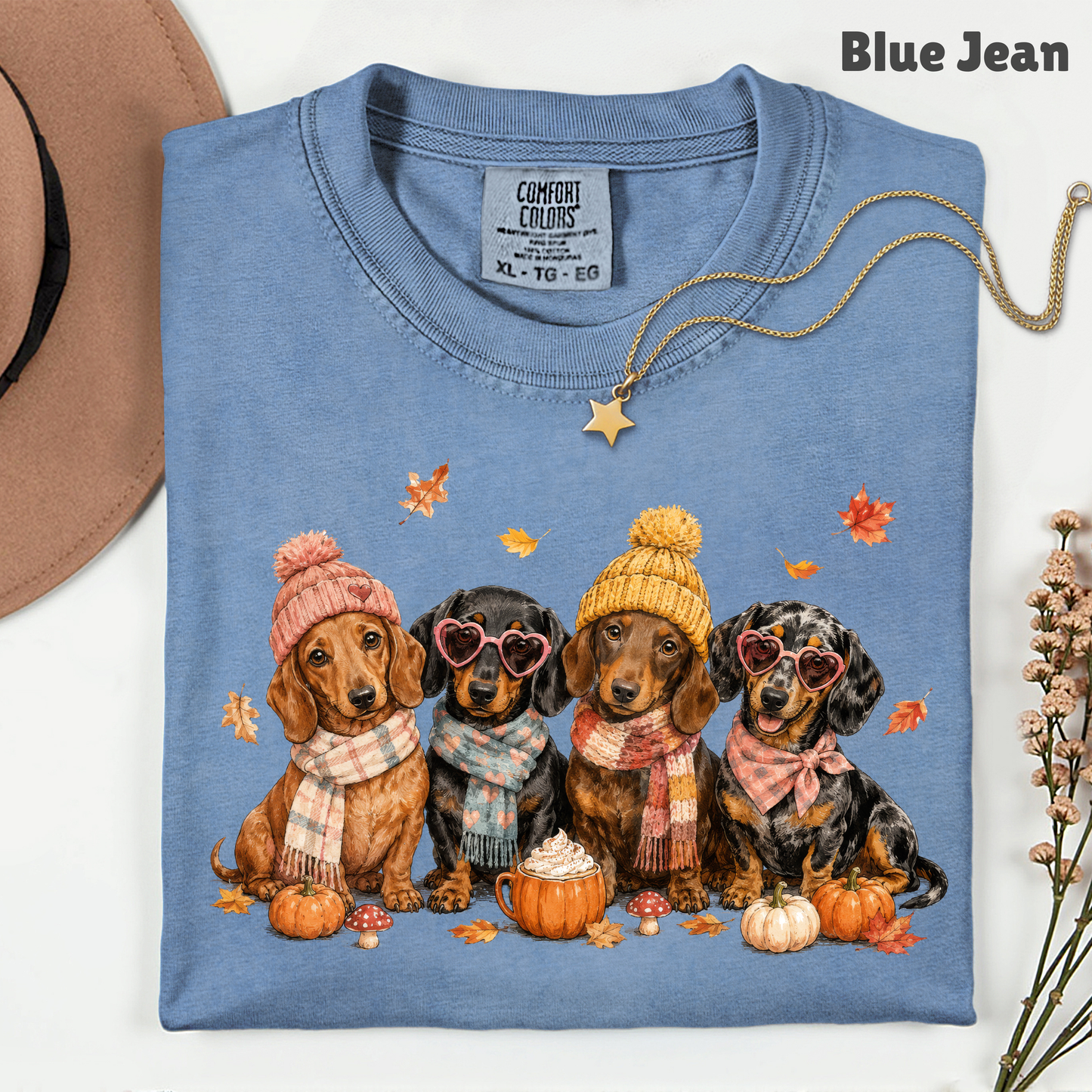 Autumn Dachshunds Comfort Colors T Shirts Cute Fall Wiener Dog Tee Cozy Beanie Scarf Pumpkin Spice Latte Shirt Seasonal Pet Graphic Hoodie