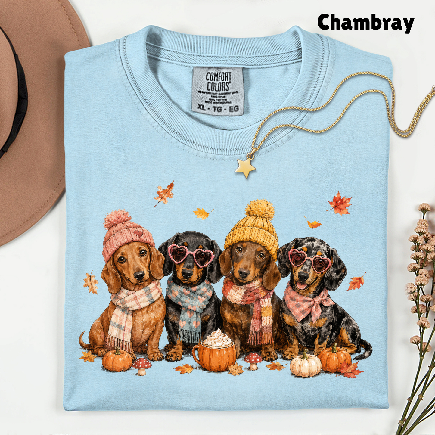 Autumn Dachshunds Comfort Colors T Shirts Cute Fall Wiener Dog Tee Cozy Beanie Scarf Pumpkin Spice Latte Shirt Seasonal Pet Graphic Hoodie