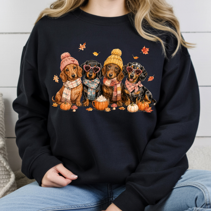 Autumn Dachshunds Comfort Colors T Shirts Cute Fall Wiener Dog Tee Cozy Beanie Scarf Pumpkin Spice Latte Shirt Seasonal Pet Graphic Hoodie