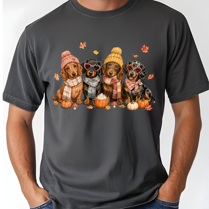 Autumn Dachshunds Comfort Colors T Shirts Cute Fall Wiener Dog Tee Cozy Beanie Scarf Pumpkin Spice Latte Shirt Seasonal Pet Graphic Hoodie