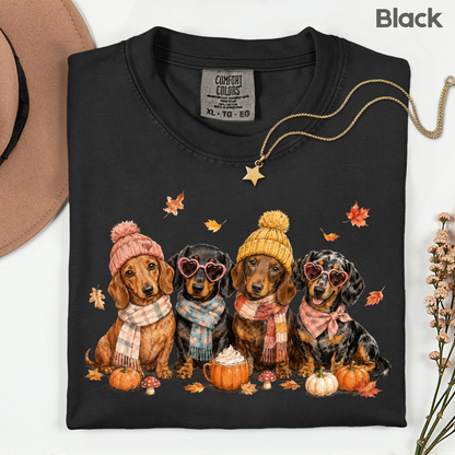 Autumn Dachshunds Comfort Colors T Shirts Cute Fall Wiener Dog Tee Cozy Beanie Scarf Pumpkin Spice Latte Shirt Seasonal Pet Graphic Hoodie