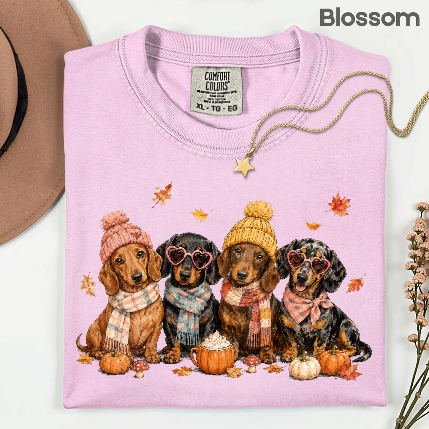 Autumn Dachshunds Comfort Colors T Shirts Cute Fall Wiener Dog Tee Cozy Beanie Scarf Pumpkin Spice Latte Shirt Seasonal Pet Graphic Hoodie