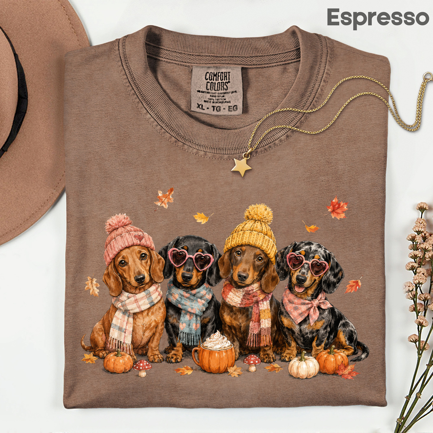Autumn Dachshunds Comfort Colors T Shirts Cute Fall Wiener Dog Tee Cozy Beanie Scarf Pumpkin Spice Latte Shirt Seasonal Pet Graphic Hoodie