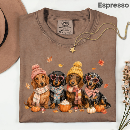 Autumn Dachshunds Comfort Colors T Shirts Cute Fall Wiener Dog Tee Cozy Beanie Scarf Pumpkin Spice Latte Shirt Seasonal Pet Graphic Hoodie