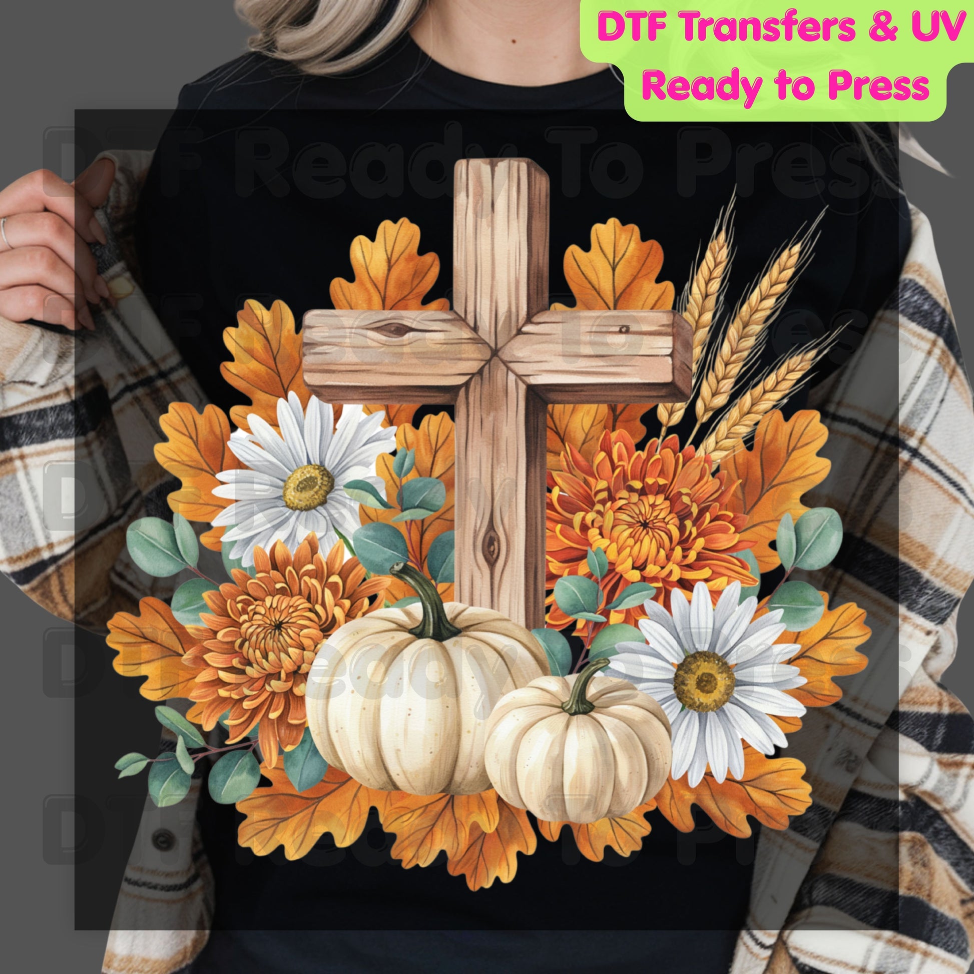 Autumn Floral Wooden Cross DTF Transfer Ready to Press Thanksgiving Pumpkin UV DTF Sticker Christian Fall Harvest Mums & Wheat Heat Transfer for Shirts