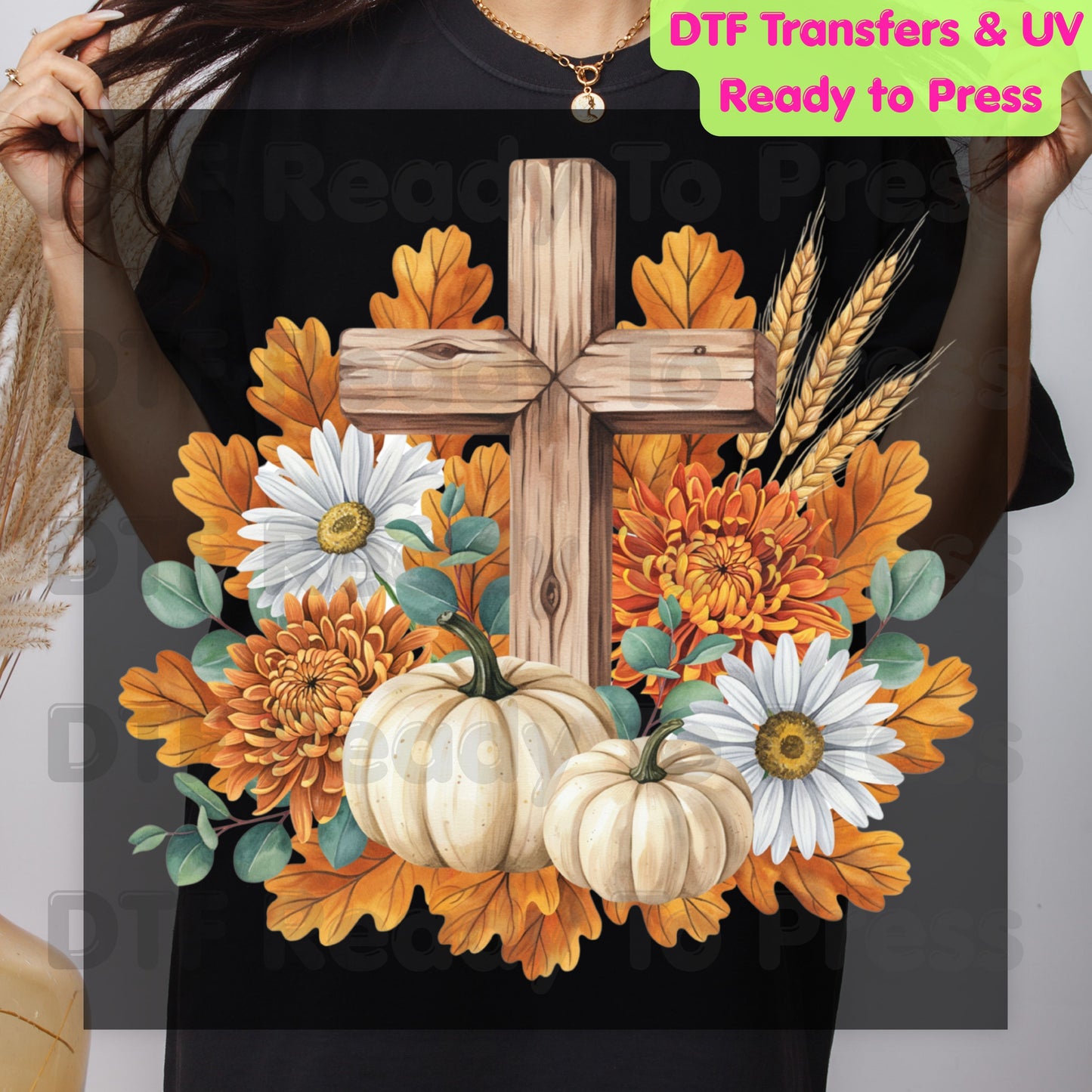 Autumn Floral Wooden Cross DTF Transfer Ready to Press Thanksgiving Pumpkin UV DTF Sticker Christian Fall Harvest Mums & Wheat Heat Transfer for Shirts