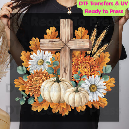 Autumn Floral Wooden Cross DTF Transfer Ready to Press Thanksgiving Pumpkin UV DTF Sticker Christian Fall Harvest Mums & Wheat Heat Transfer for Shirts